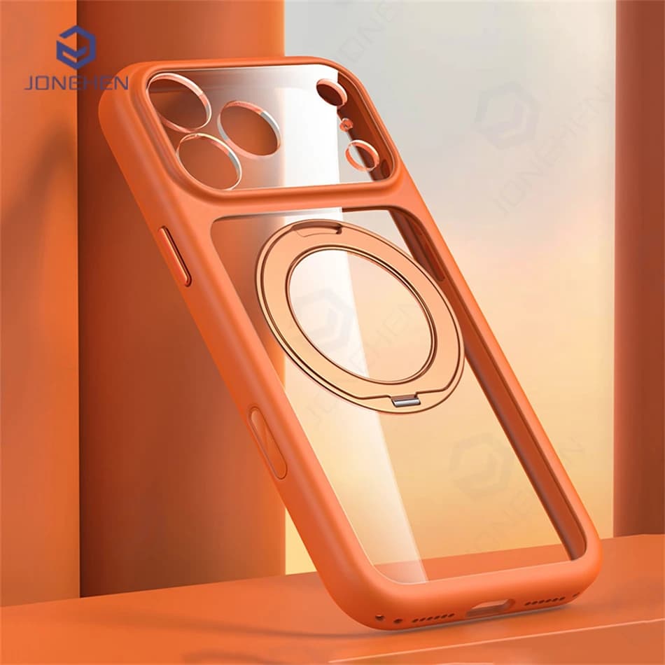 Staffa rotante magnetica a 360 gradi Pulsante fotocamera antiurto aziendale Custodia arancione per iPhone 17 Pro Max Copriobiettivo trasparente per Magsafe