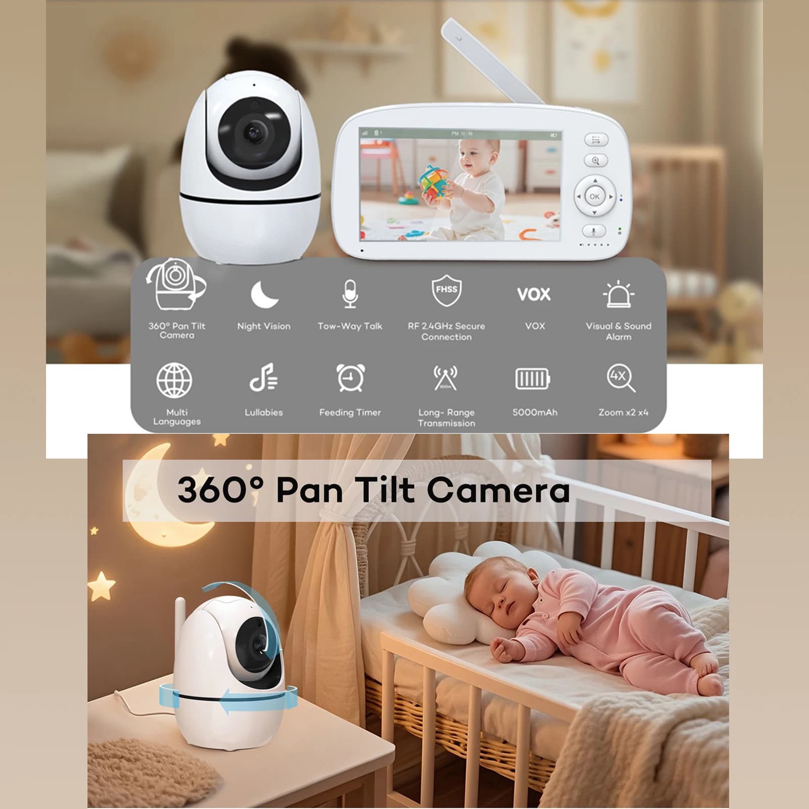 Monitor per bambini in tempo reale, interfono wireless bidirezionale, musica, visione notturna a infrarossi, monitor per il sonno dei bambini