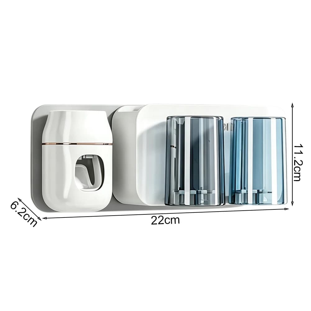 No drill toothbrush holder with cup shelf and toothpaste dispenser for small bathrooms white 22x6x11cm dimensions