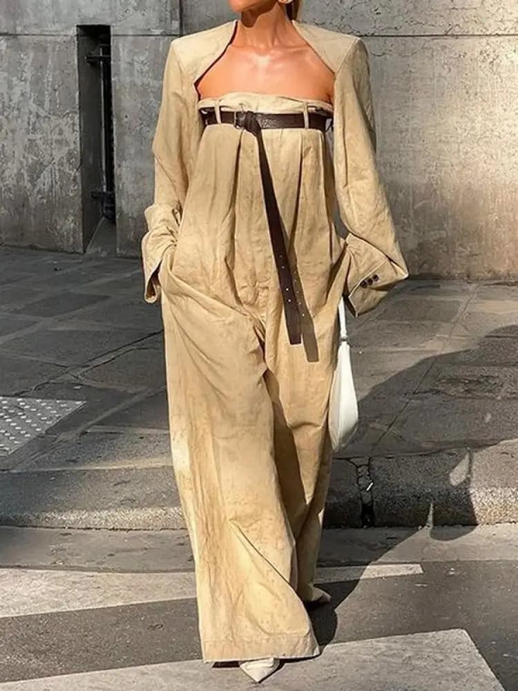 Yeezzi 2025 Nuova moda femminile maniche lunghe capispalla senza colletto top e tute senza spalline con cintura a tubo a gamba larga set di due pezzi