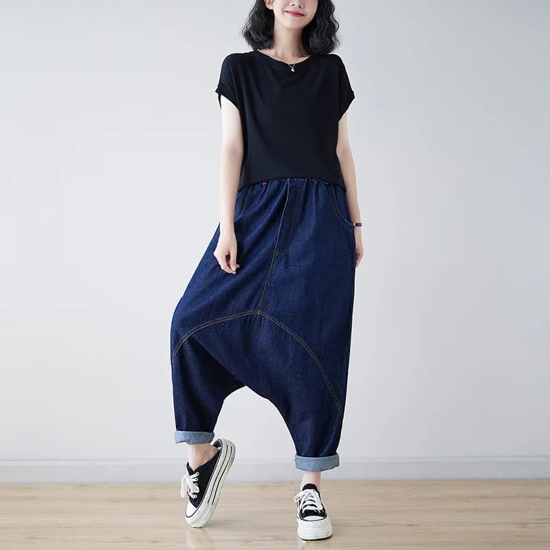 Pantaloni incrociati Jeans lavati larghi blu per le donne Streetwear pantaloni larghi a gamba larga pantaloni larghi Hippie larghi Harem larghi sul cavallo