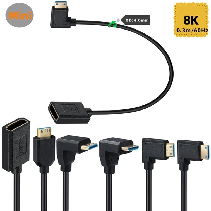 Cavo di Prolunga HDMI Mini da Maschio a Femmina, 30cm, 2.1V, 8K 60Hz, Angolo 90 Gradi, Filo Sottile HD OD4.0mm