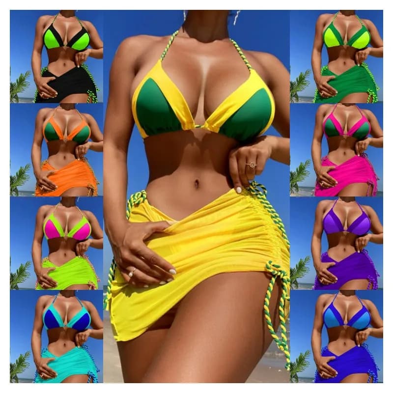 Sexy Three-Piece Bikini Swimsuit Women's Separate Swimwear Thermal Use Pad Included No Steel Support Pure E-commerce Brand
