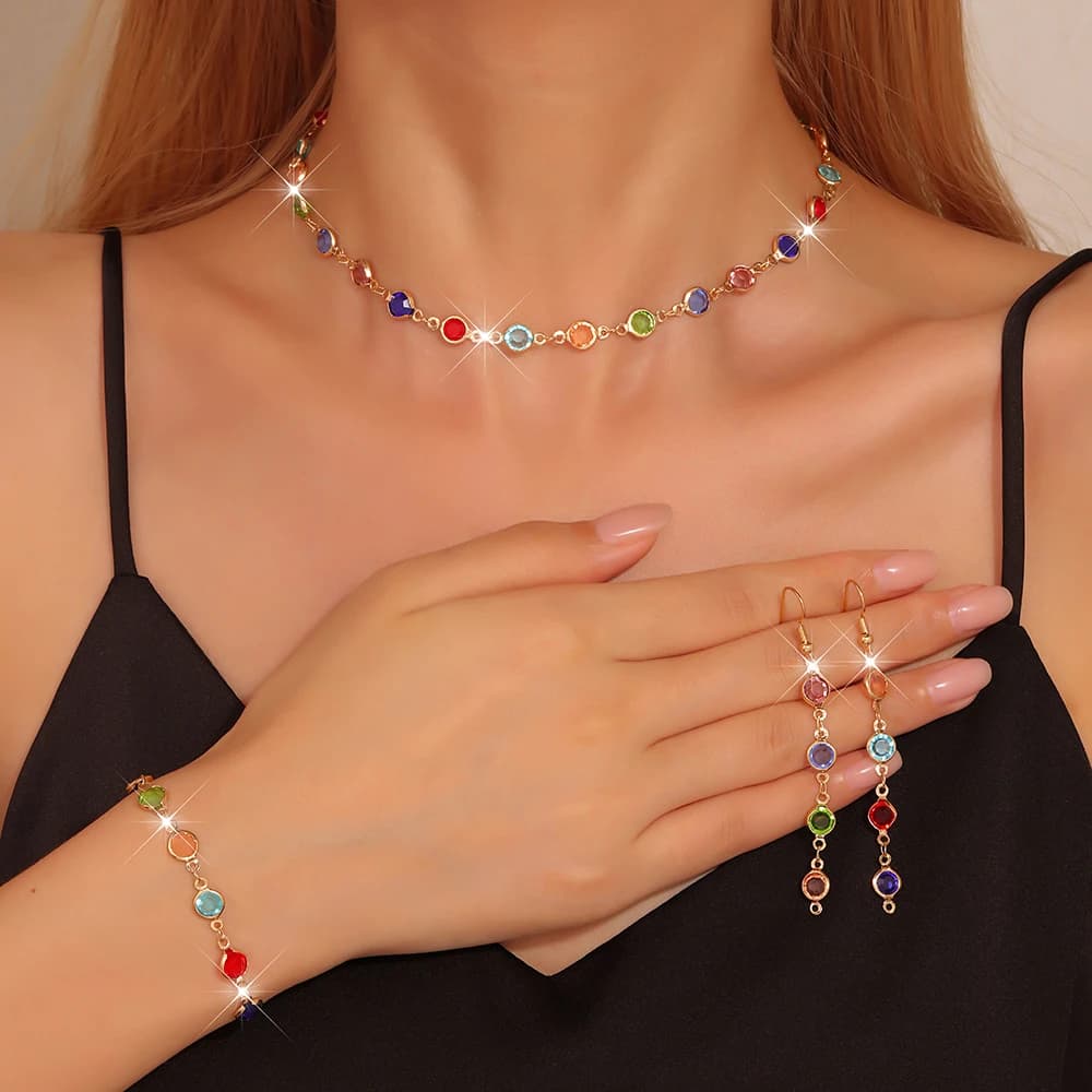 Set di gioielli da 4 pezzi Set di collane, bracciali, orecchini con strass colorati alla moda. Ideale per feste di compleanno, festival e specia