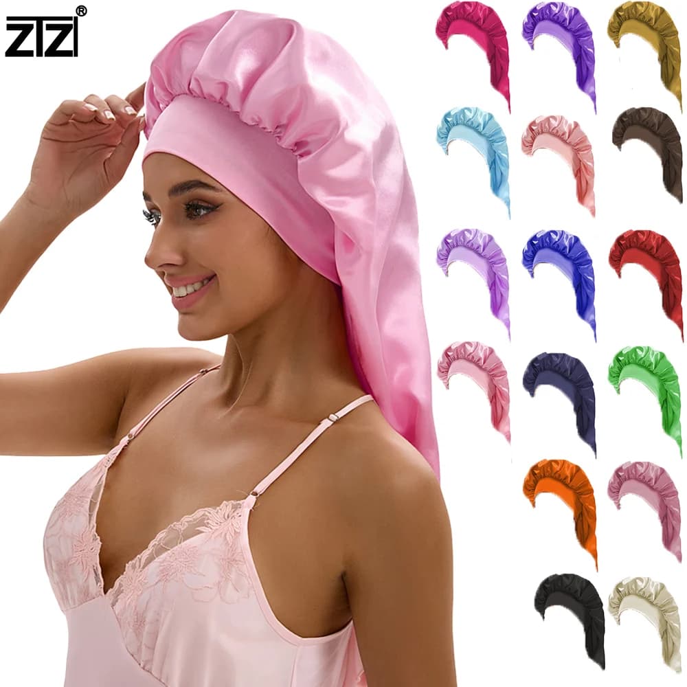 Cuffia da Notte Lunga in Raso per Donne - Copricapo Extra Large in Seta per Capelli Ricci e Treccine, Cuffia da Notte con Fascia Elastica Larga