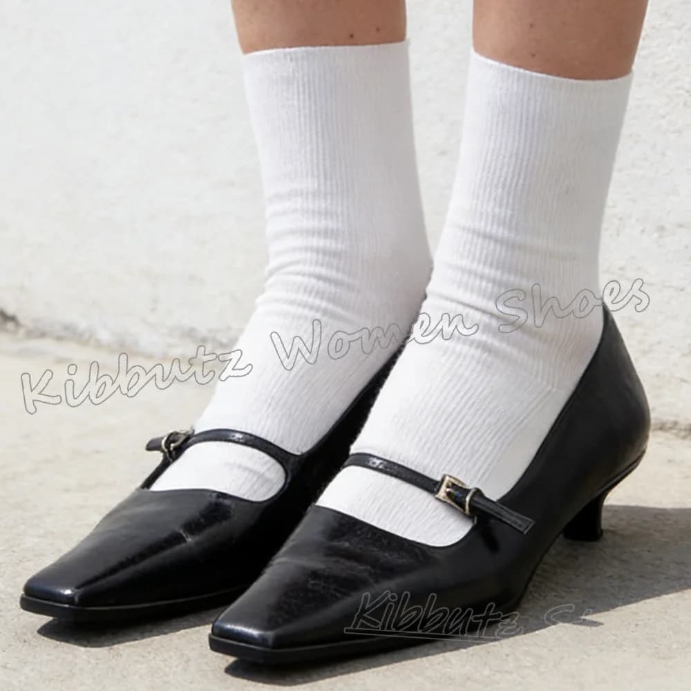 Mary Jane Décolleté with Buckle for Leather Belt Square Toe Cat heels Solid color Women's shoes Fashion Comfortable Sexy Elegant New