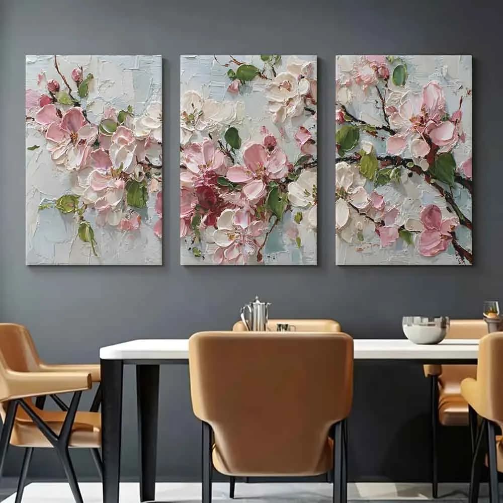 [2D Flat]3pcs 11.81*15.74in/30*40cm Frame Art Home Decor Painting Pink Blossom Branches with Green Leaves on White Background