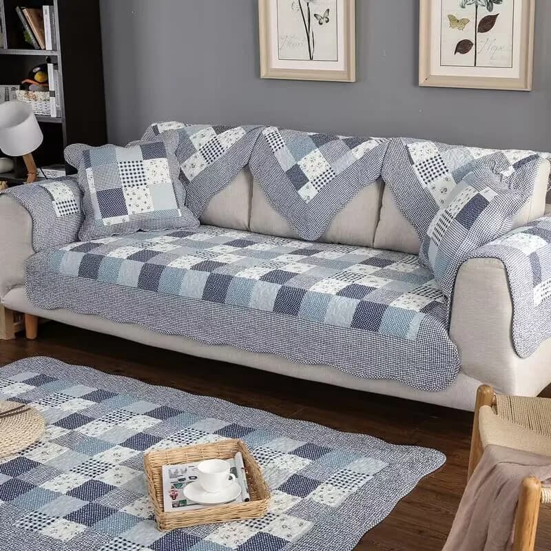 Cotton Quilting Sofa Cushion with High-end Embroidery Blossom Non Slip Seater Pad Fully Wrapped Sofa Cover Cloth Towel Slipcover