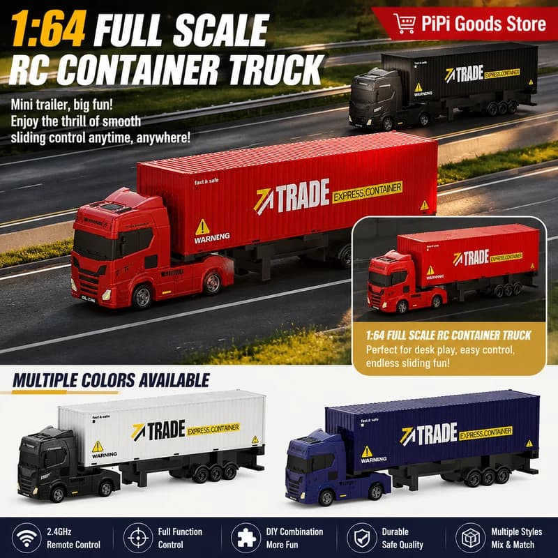 1:64 RC Trailer Truck Combo Set with Container + Flatbed DIY, Includes 2 Mini Cars, Fun Gift for Kids Adults, Full Play RC Toy