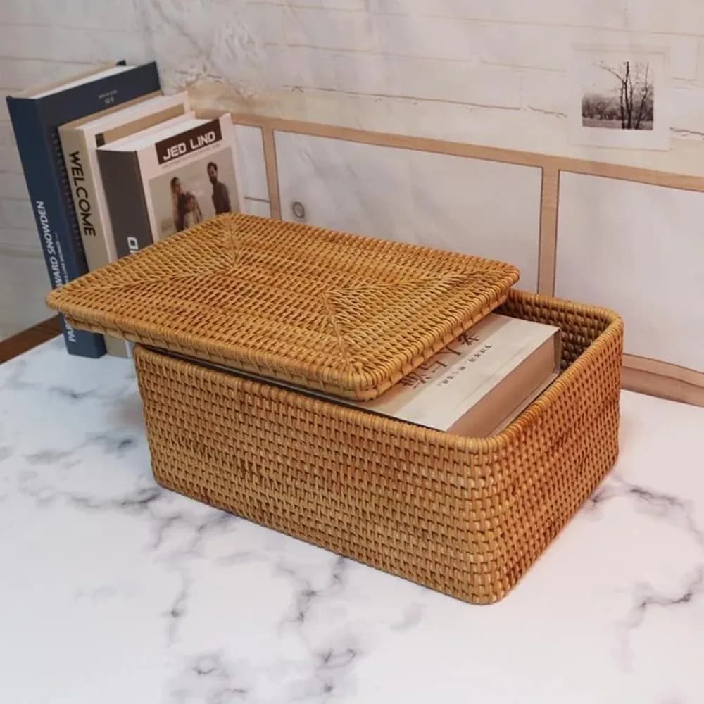 Primary Color Storage Basket Household Items Hand-woven Rattan Laundry Basket with Cover Large Clothes Sundries Books
