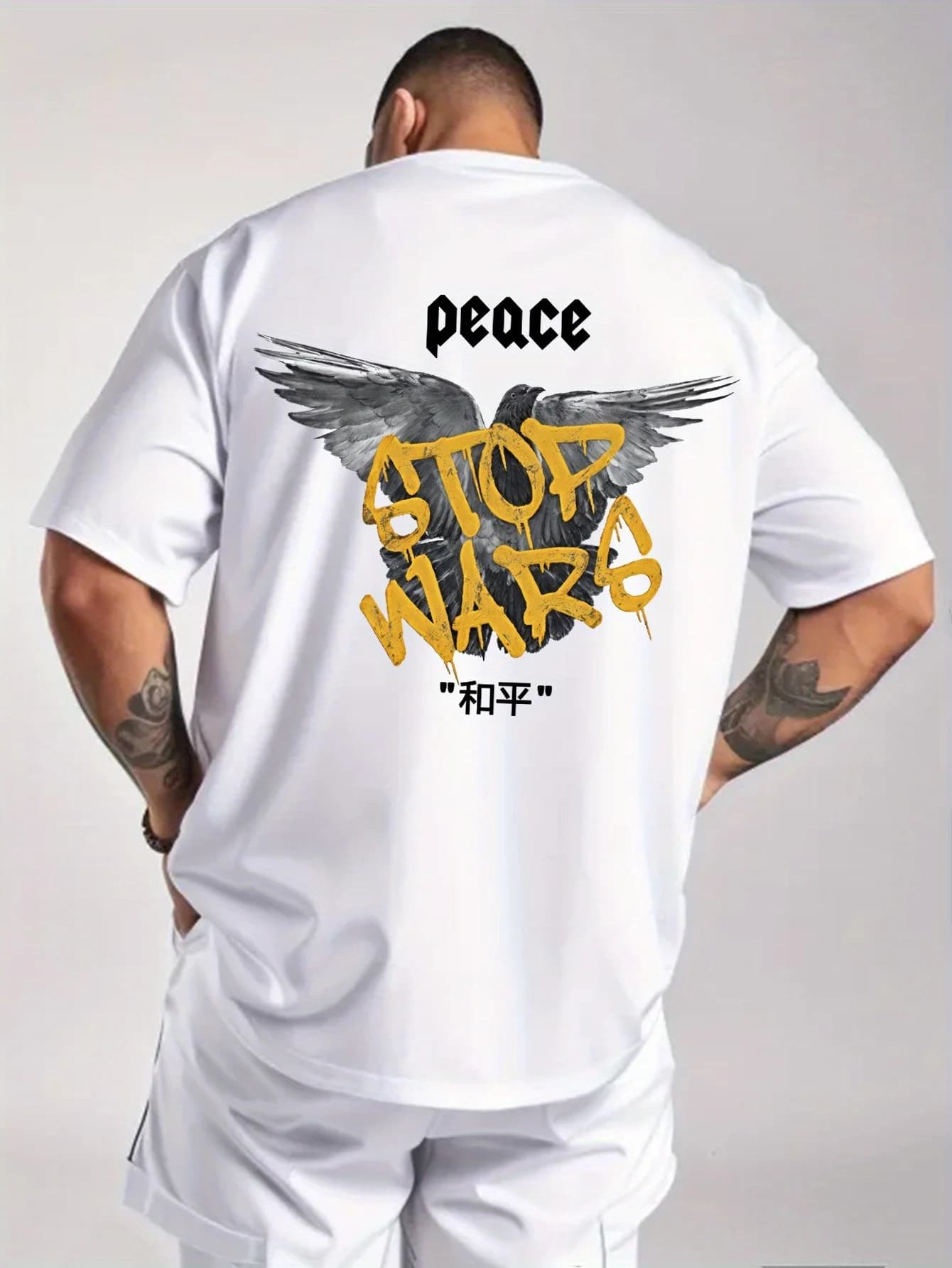 T-shirt da uomo con motivo "Peace, Stop War" - Girocollo casual nero con stampa piccione alato, maniche corte, misto poliestere