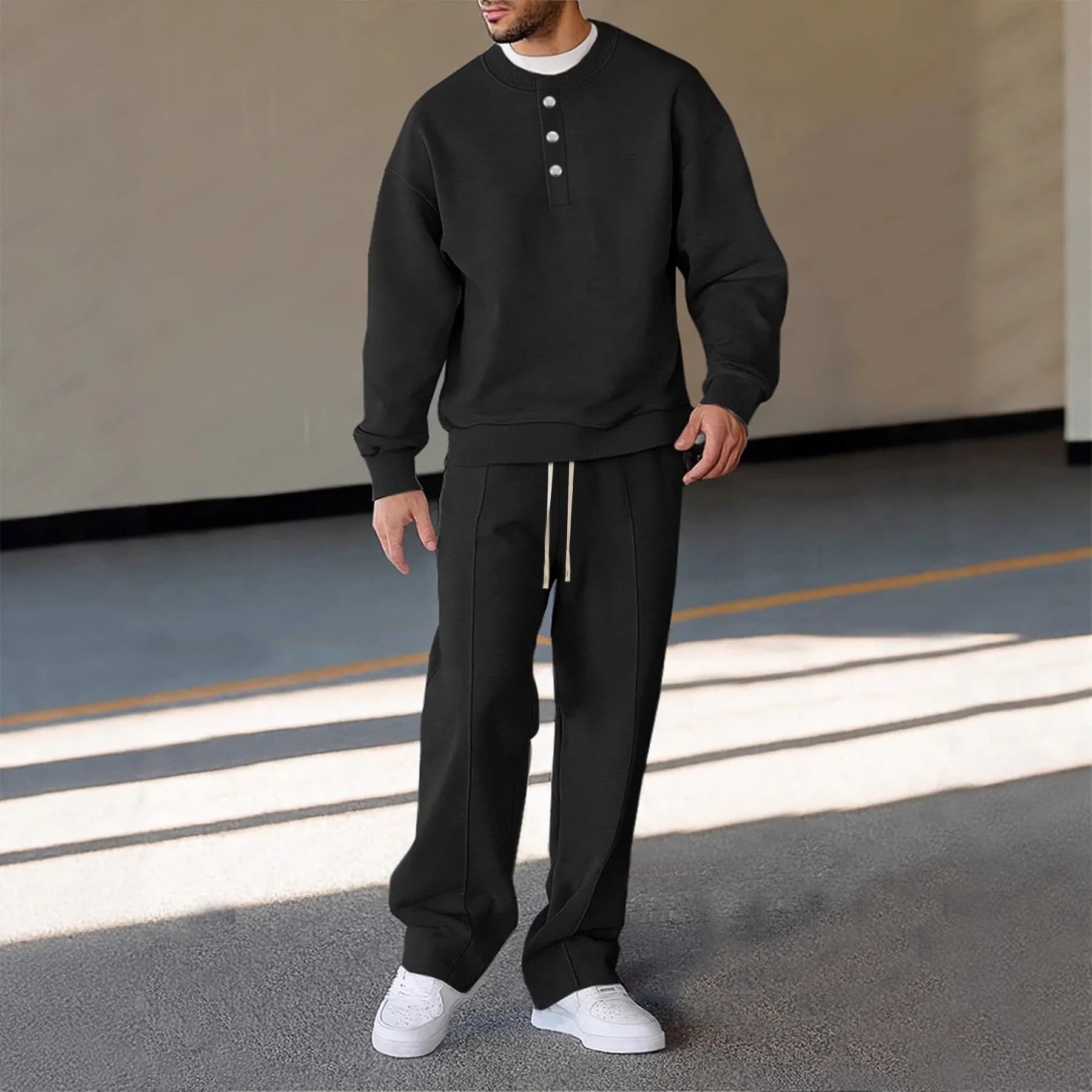 Set Sportivo da Uomo Stile Americano in Cotone Lavorato a Maglia per Autunno e Inverno, Comodo Completo con Pantaloni Lunghi e Felpa Casual con Collo Tondo