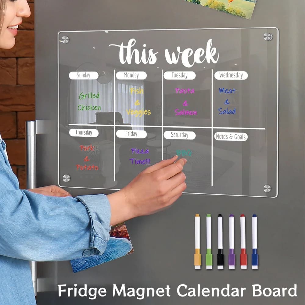 Magnete per frigorifero Calendario Lavagna Planner settimanale Lavagna magnetica riutilizzabile cancellabile a secco Adesivo per frigorifero in acrilico Menu per messaggi Gadget