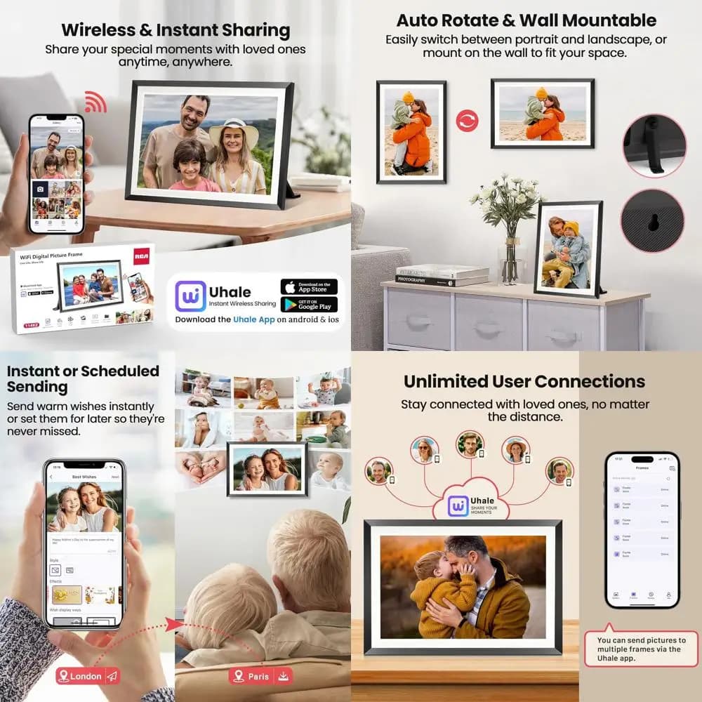Cornice per foto digitale touchscreen IPS HD 10.1, cornice WiFi da 32 GB con rotazione automatica, montabile a parete, facile installazione tramite app Uhale