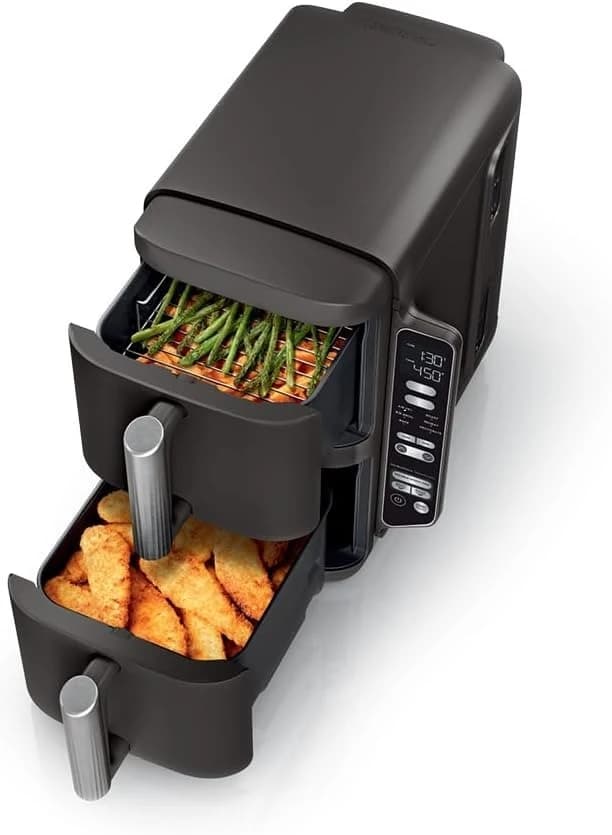Friggitrice ad Aria Ninja, 8 QT DoubleStack con 2 Cestelli, Design Salvaspazio, Cuoce Ali di Pollo da 2 Libbre, Soddisfa fino a 6 Persone, Friggitrice ad Aria 6-in-1