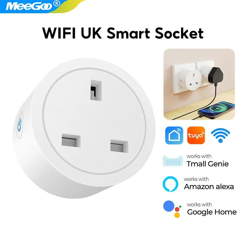 Smart WiFi Tuya US UK 10A with Consumable Monitoring, Vocal Control and Temporary, Compatible with Alexa and Google Home