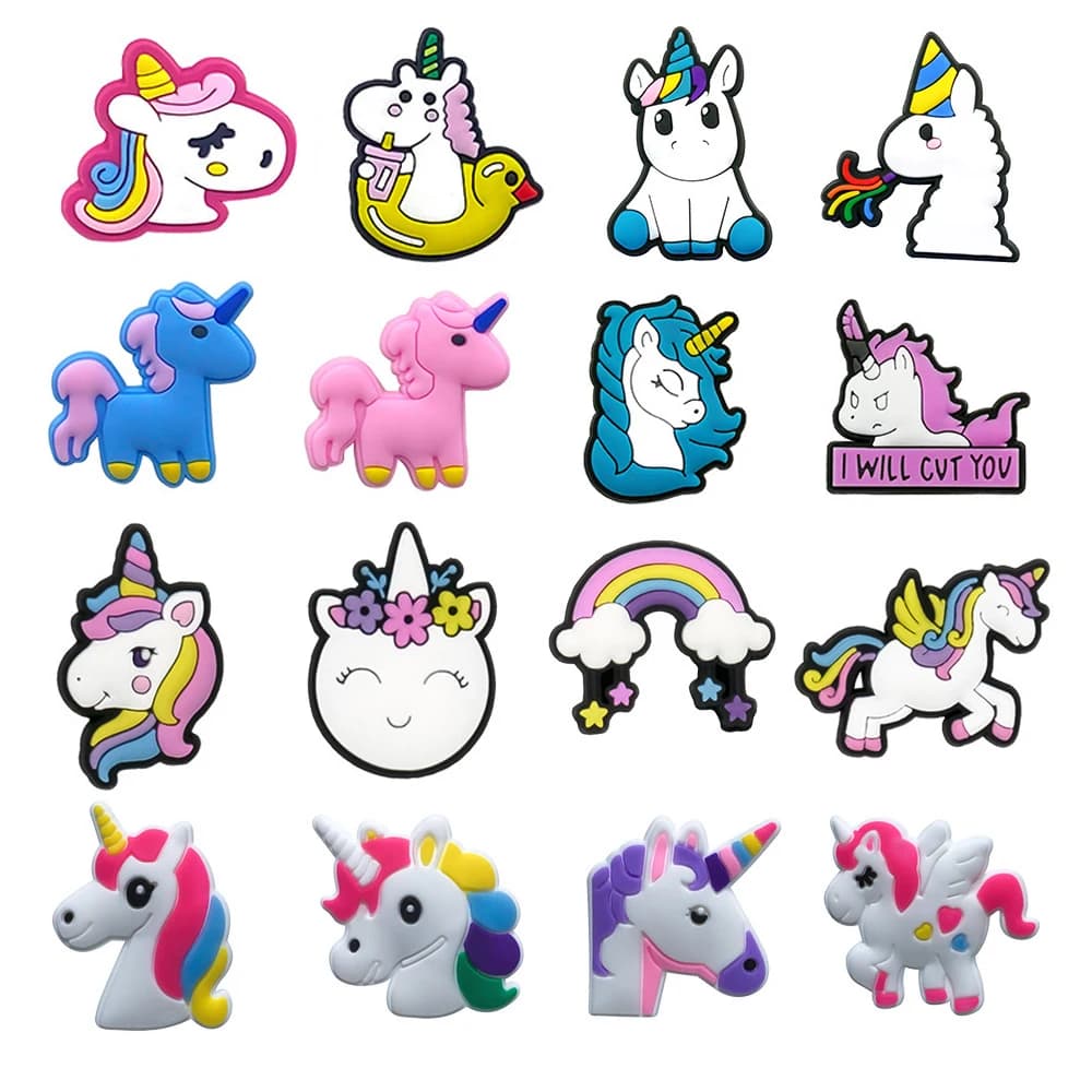 16pcs Lovely Unicorn Shoe Charms PVC Accessories DIY Shoes Buckle Decorations fit Clog Sandal Wristband Party Kids Gifts