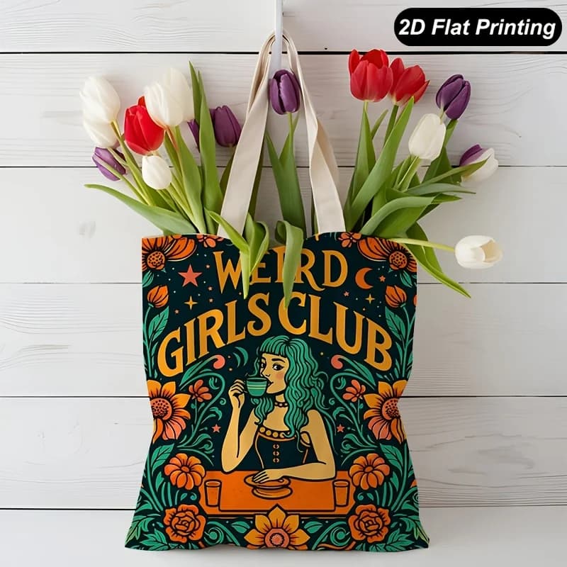 Weird Girls Club Retro Canvas Handbag Shoulder Bag, Commuter Canvas Bag, Portable Large Capacity Shopping Bags Friends Gift