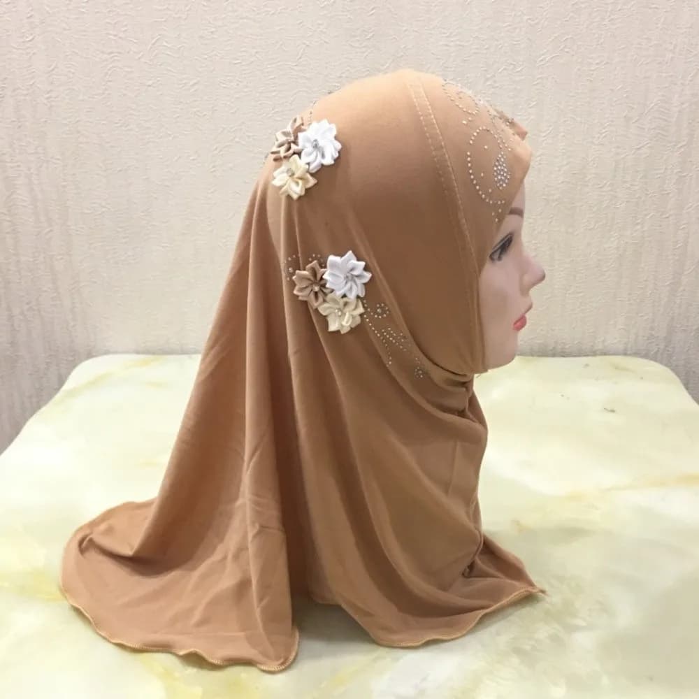 Head Wrap Flower Design Hijab Pull On Style Jersey Material Girls Hijab Breathable Stretchable Islamic Headscarf Girls