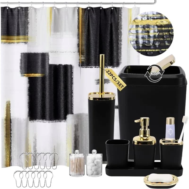 Set di accessori da bagno neri e dorati, tenda da doccia, bidone dei rifiuti, dispenser di sapone, portaspazzole per WC, organizer Qtip