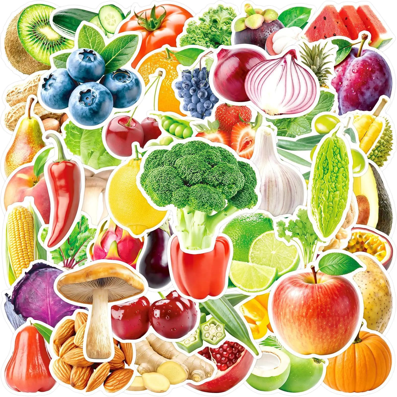 50-Pack Waterproof Food Fruit & Vegetable Stickers for Water Bottles Guitars Computers Notebooks - Durable Graffiti Decals