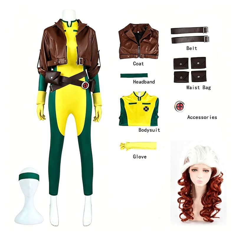 Rogue X-Men 97 Cosplay Full Set Costume Bodysuit Leather Jacket Belt Waist Bags Gloves Headband Halloween Rogue Outfit For Comic