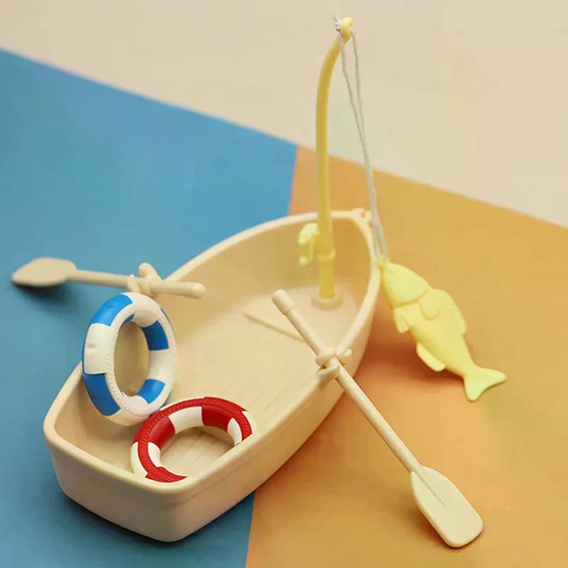 1 Set Regali per bambini Nuovo modello di barca da pesca in plastica Mini ornamenti simulati per casa delle bambole Kit barca da pesca in miniatura