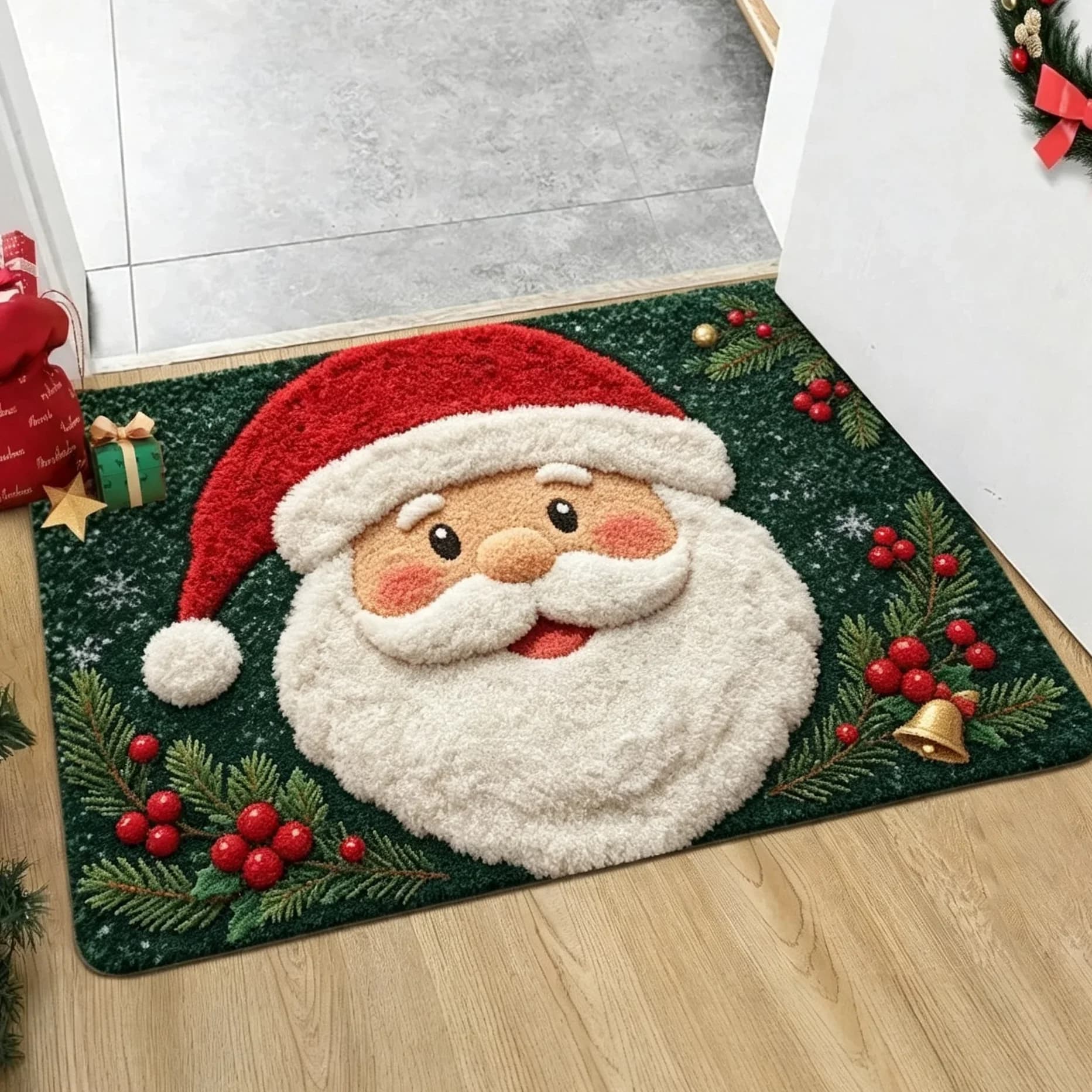 Festive Santa Claus Red Hat Green Background Berry Bell Doormat For Christmas Entryway Non Slip Welcome Floor Mat Accent