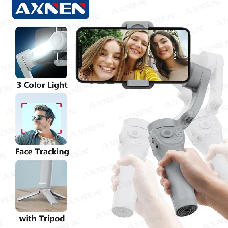 AXNEN 3-axis cardane joint portable stabilizer HQ6 for mobile phone, with filling light, facial tracking, for Android iPhone video recording