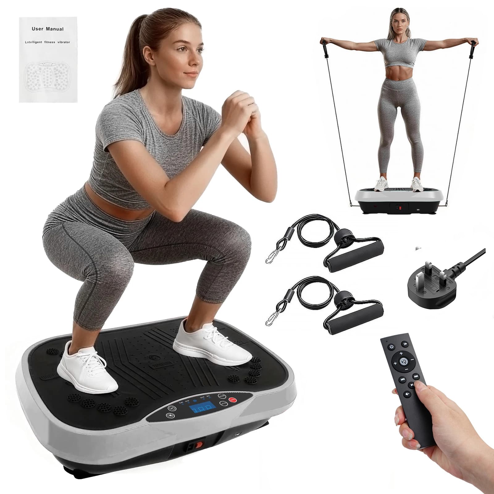 Pedana Vibrante Portatile per Esercizi Total Body con Bluetooth, Fasce di Resistenza e Cinghie Yoga per Perdita di Peso e Modellamento Corporeo