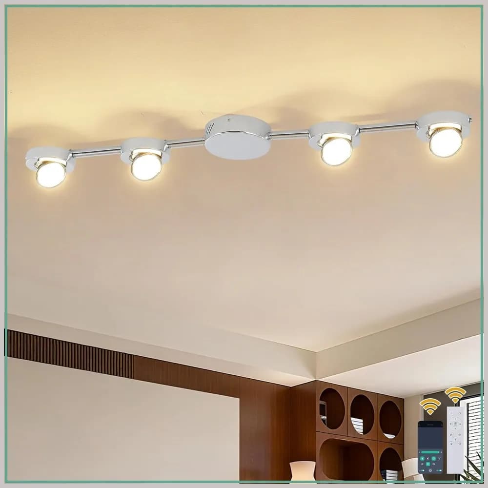 Lampada a Binario LED Dimmerabile a 4 Luci con Telecomando, Teste Orientabili in Nichel Spazzolato per Cucina e Soggiorno