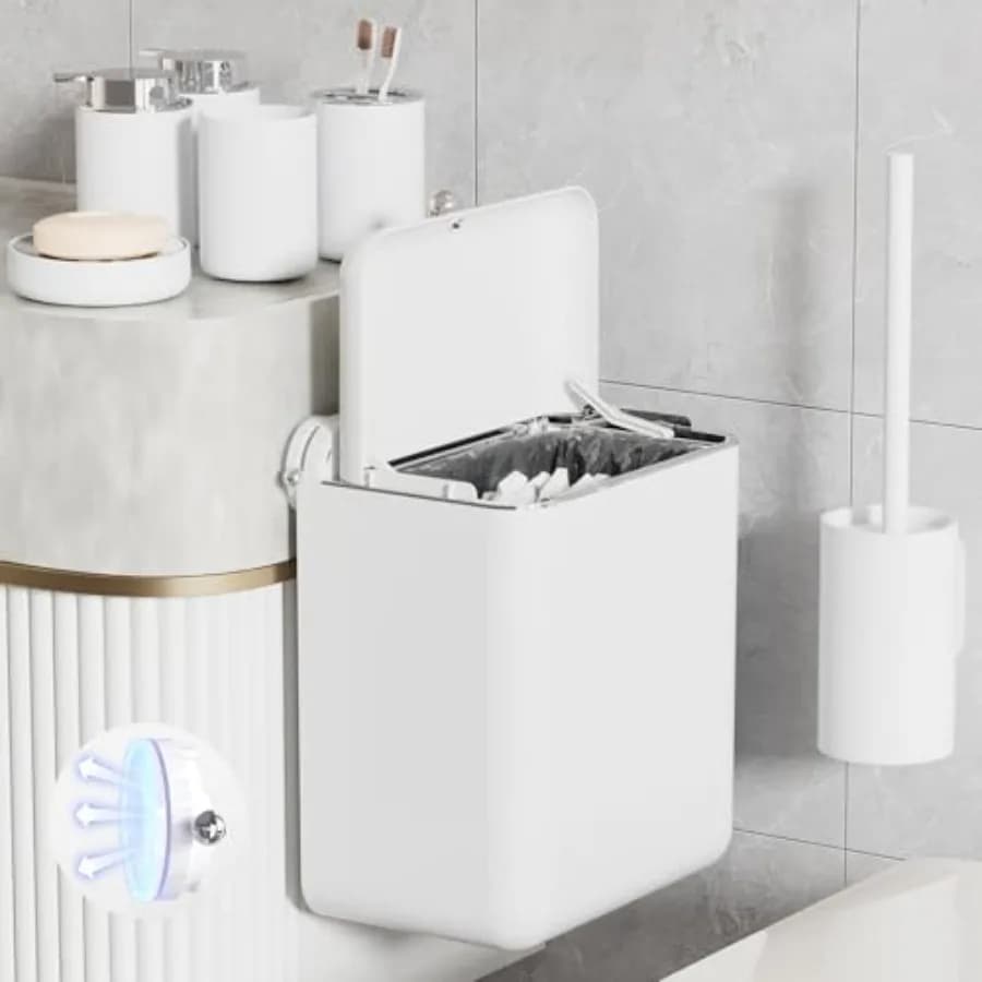 Set da Bagno 7 Pezzi con Cestino a Ventosa da Parete - Kit Organizzatore Salvaspazio con Porta Scopino, Dispenser per Sapone Liquido e Schiuma