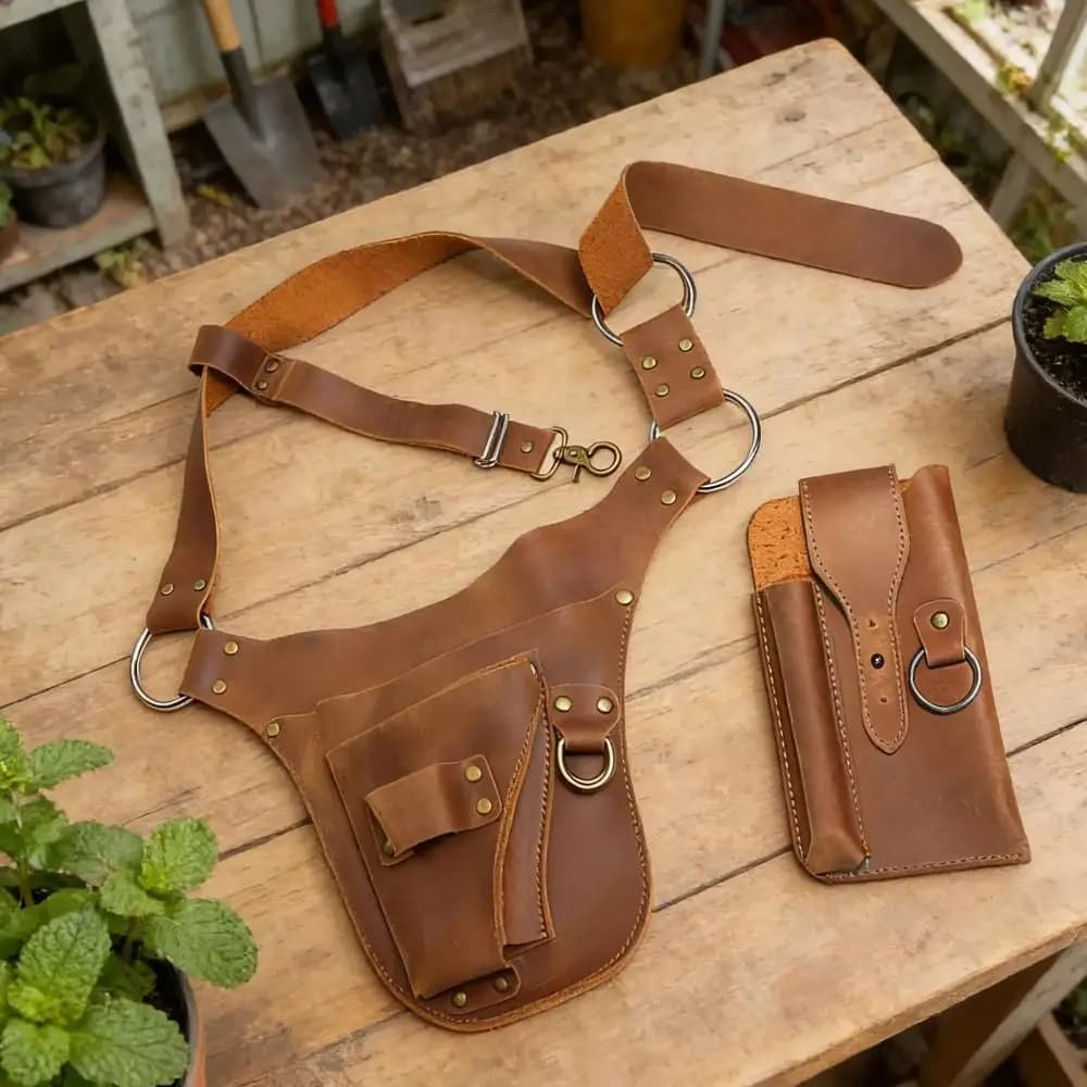 PU Material Waist Bag Punk Style Adjustable Belt Hip Bag Leather Construction Multi-Pocket Design Tool Pouch Lawn Care