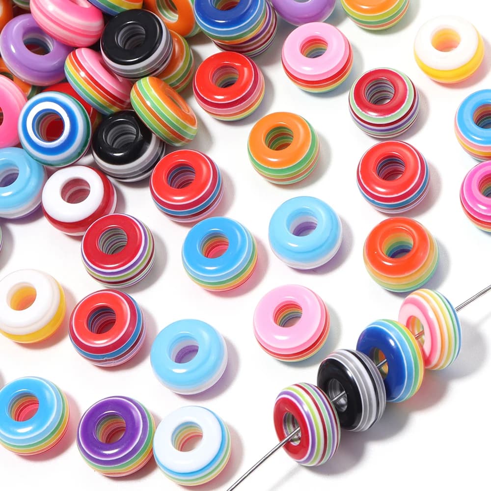 50pcs/lot Rainbow Stripe Resin Beads Flat Big Hole Loose Spacer Beads For Jewelry Making DIY Necklace Bracelet Keychain