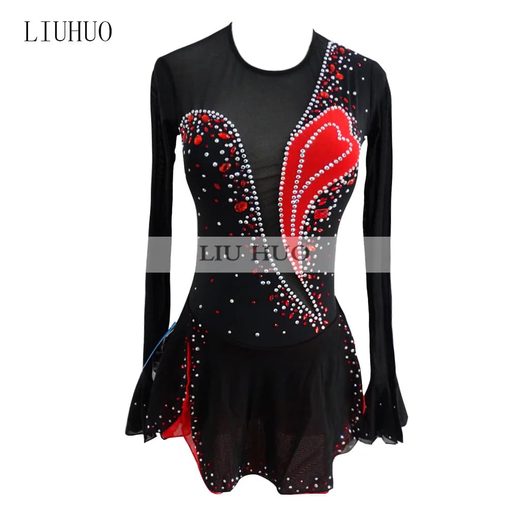 LIUHUO Pattinaggio di Figura Vestito da Donna per Ragazze Prestazioni sul Ghiaccio Ginnastica Concorso Body Costume Danza Rosso Nero Gonna per Adolescenti