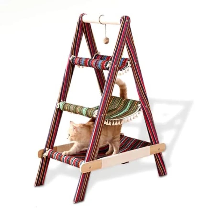 Torre per Gatti a 3 Livelli in Legno Stile Moderno a Forma di A con Letto a Dondolo Multilivello per Gatti Grandi e Tiragraffi Sospeso