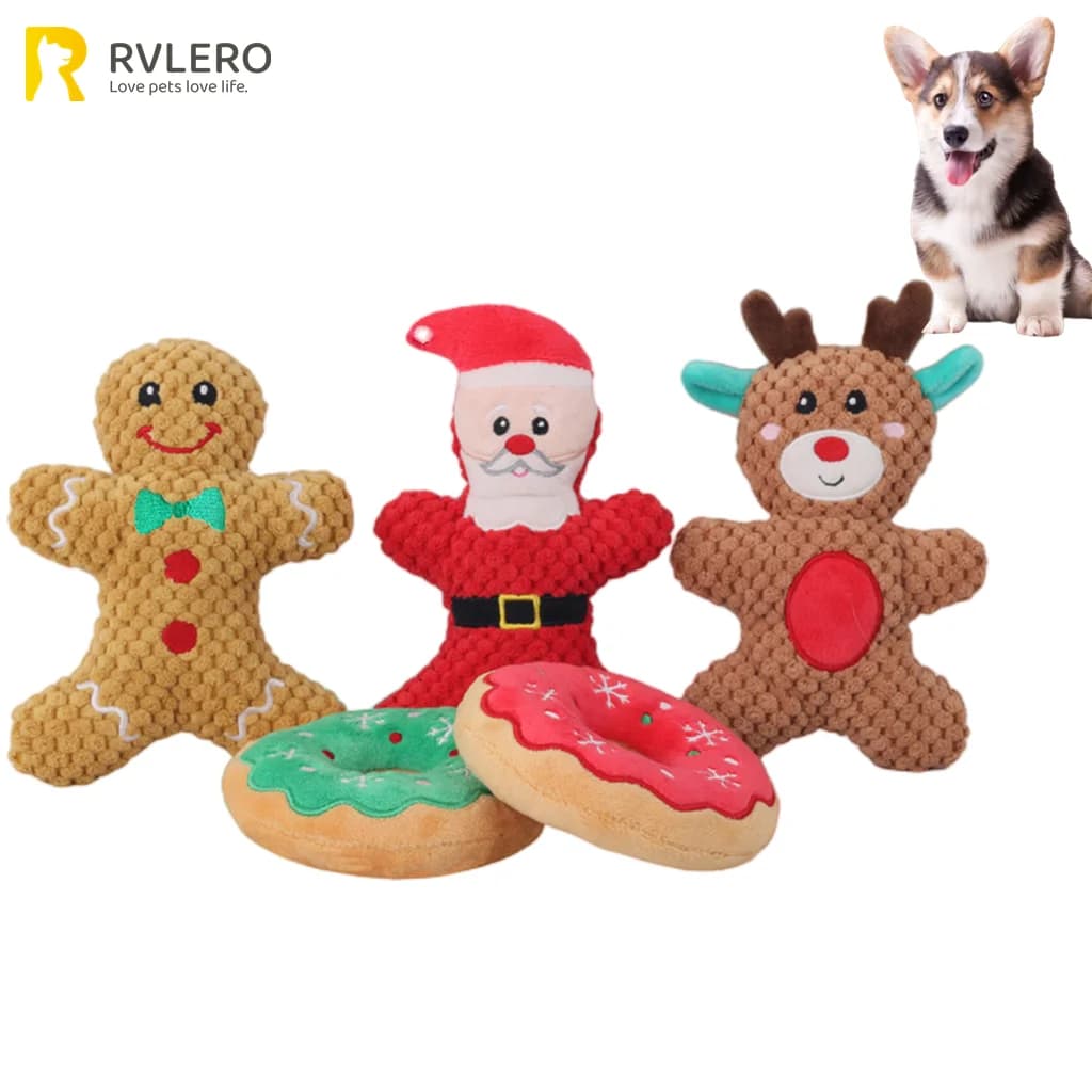Peluche per cani da compagnia Giocattolo da masticare con rumore Babbo Natale Alce Gingerbread Man Ciambella Gatto Cane Serie natalizia Giocattolo per cani da cartone animato Peluche Squeak Giocattolo per animali domestici