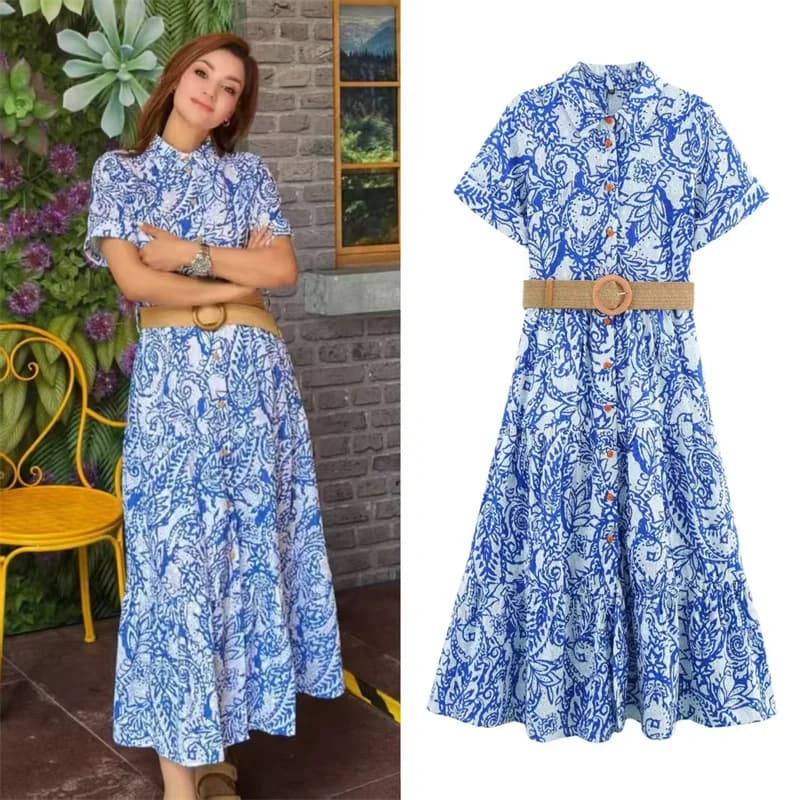 Women's Dress 2026 Summer New Style Blue Printed Short Sleeve Embroidered Decorative Dress with Belt Vacation Style Fashionable