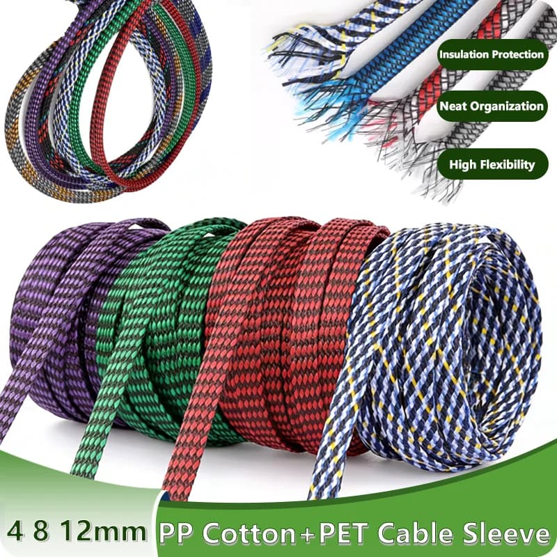 Guaina Flessibile Intrecciata in PP Cotone + Filato PET da 1 a 100m, Guaina Protettiva Isolante per Cavi, Fascia di Protezione per Fili 4 8 12mm