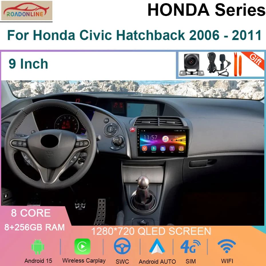 Autoradio Android 15 da 8+256GB per Honda Civic Hatchback 2006-2011, Navigatore Multimediale Video Stereo DVD con Carplay