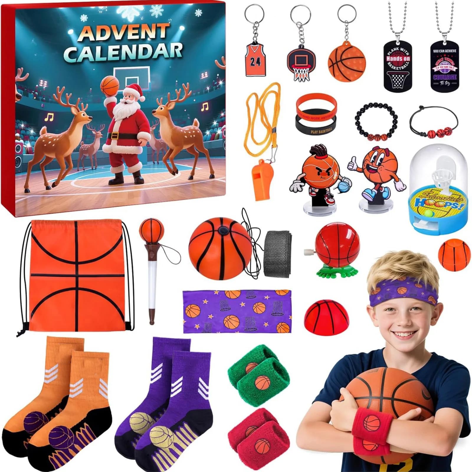 Calendario dell'Avvento del basket 2025 per bambini – 24 giorni di bomboniere a tema basket con campo da basket, conteggio natalizio