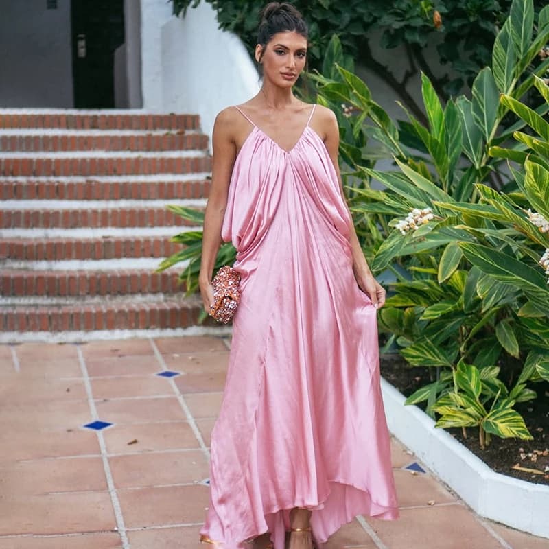BWQ Elegant Satin Women's Dress Halter Sleeveless Backless Ruched Loose Solid Female Dresses 2026 Evening Solid Lady Robe