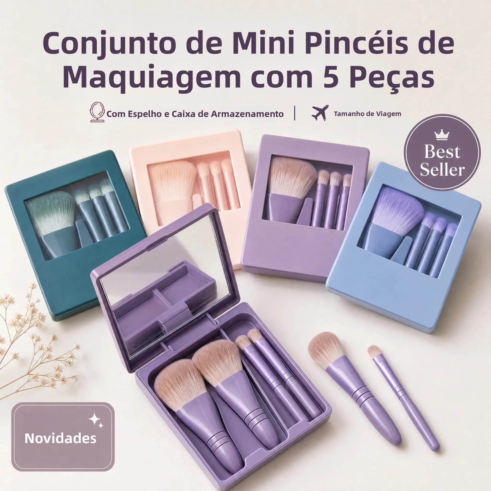 5PCS Portable Makeup Brushes Set With Mirror Mini Travel Cosmetic Brushes Soft Synthetic Hair Foundation Powder Eyeshadow Brush