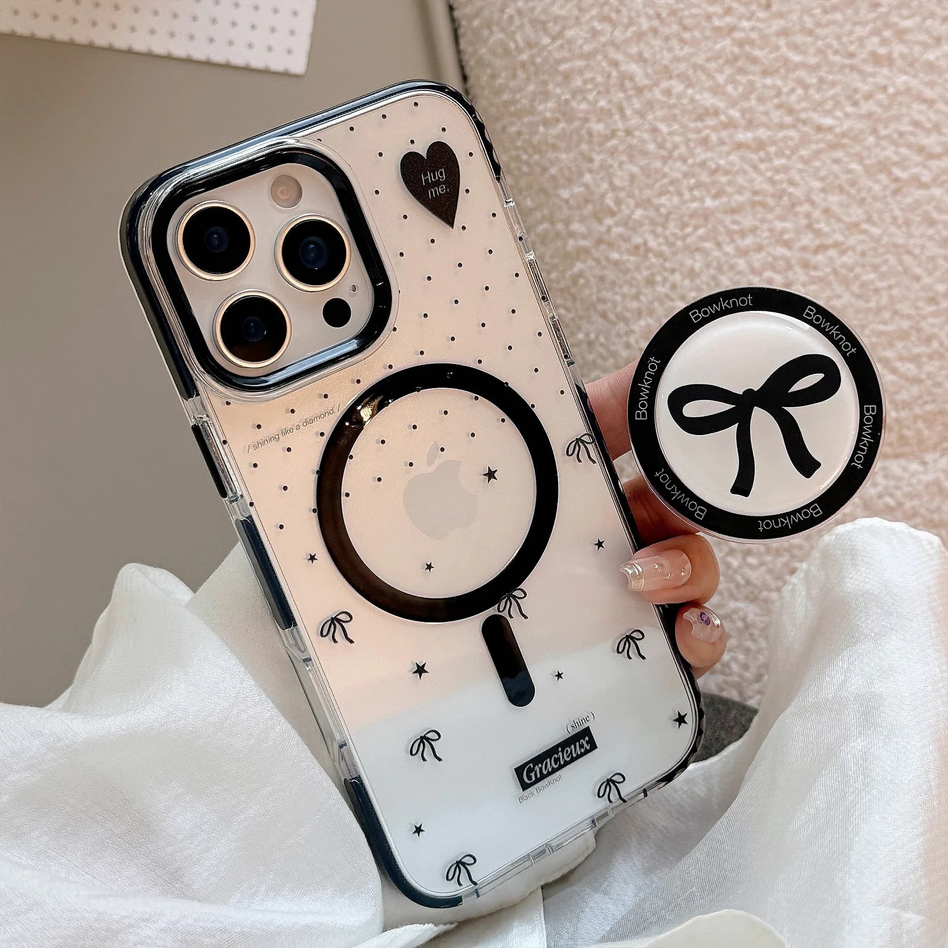 Korean Black Polka Dots Bowknot Magnetic Bracket Phone Case For iPhone 17 15 13 14 16 Pro Max Clear Shockproof Protective Cover