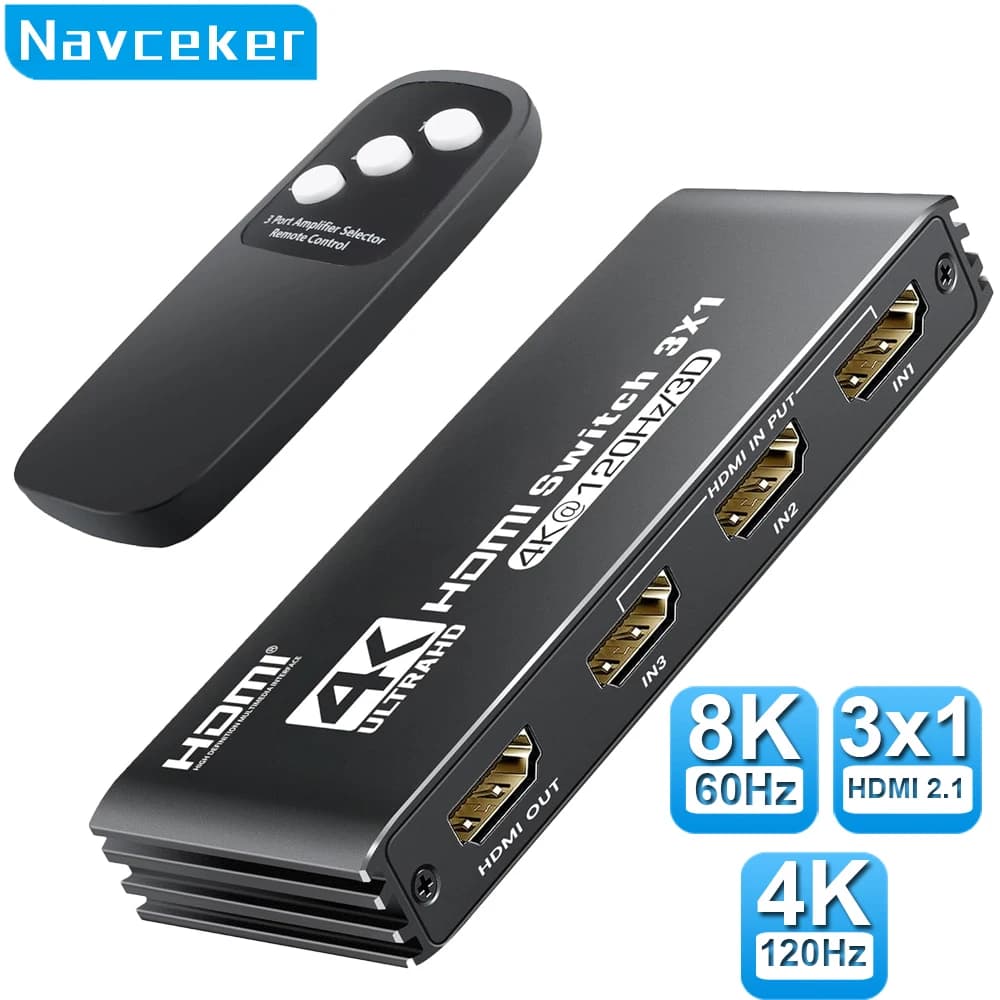 Navceker Switcher HDMI 2.1 8K 60Hz 4K120Hz Switch compatibile HDMI 3 in 1 uscita con convertitore di telecomando per monitor Xbox PS5