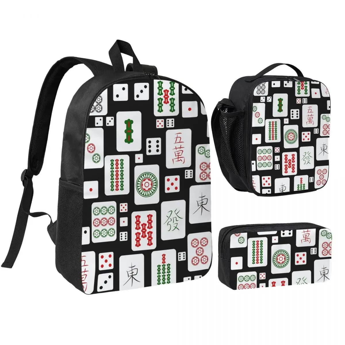 Zaino con motivi Mahjong e Dadi, Borsa a tracolla per la scuola per ragazzi e ragazze, Set da 3 pezzi: Borsa termica per il pranzo e Astuccio
