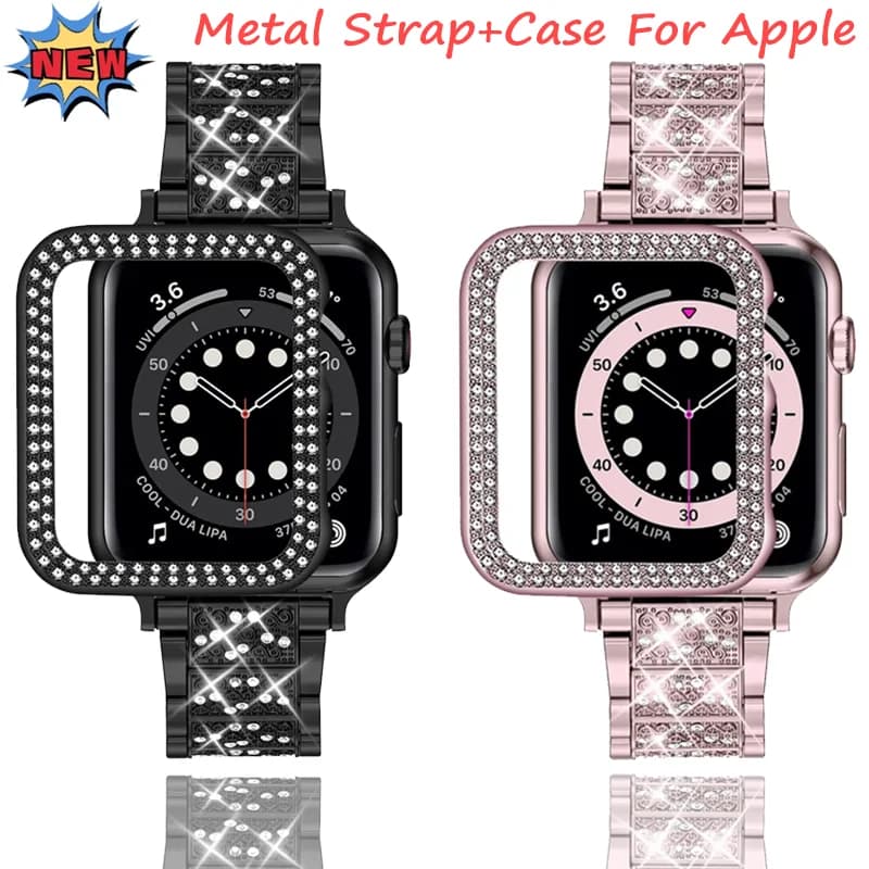 Cinturino in metallo + custodia per Apple Watch 9 8 7 6 5 4 SE da donna, cinturino con diamanti, cover protettiva antigraffio per iWatch 45mm 41mm 44mm 40mm