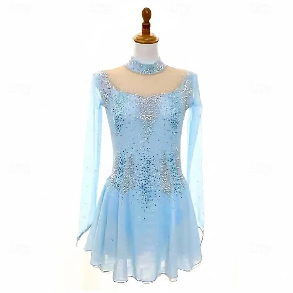 Abito da Pattinaggio Artistico per Donna, Blu Cielo, per Allenamento e Competizione, Classico con Cristalli/Strass, Manica Lunga