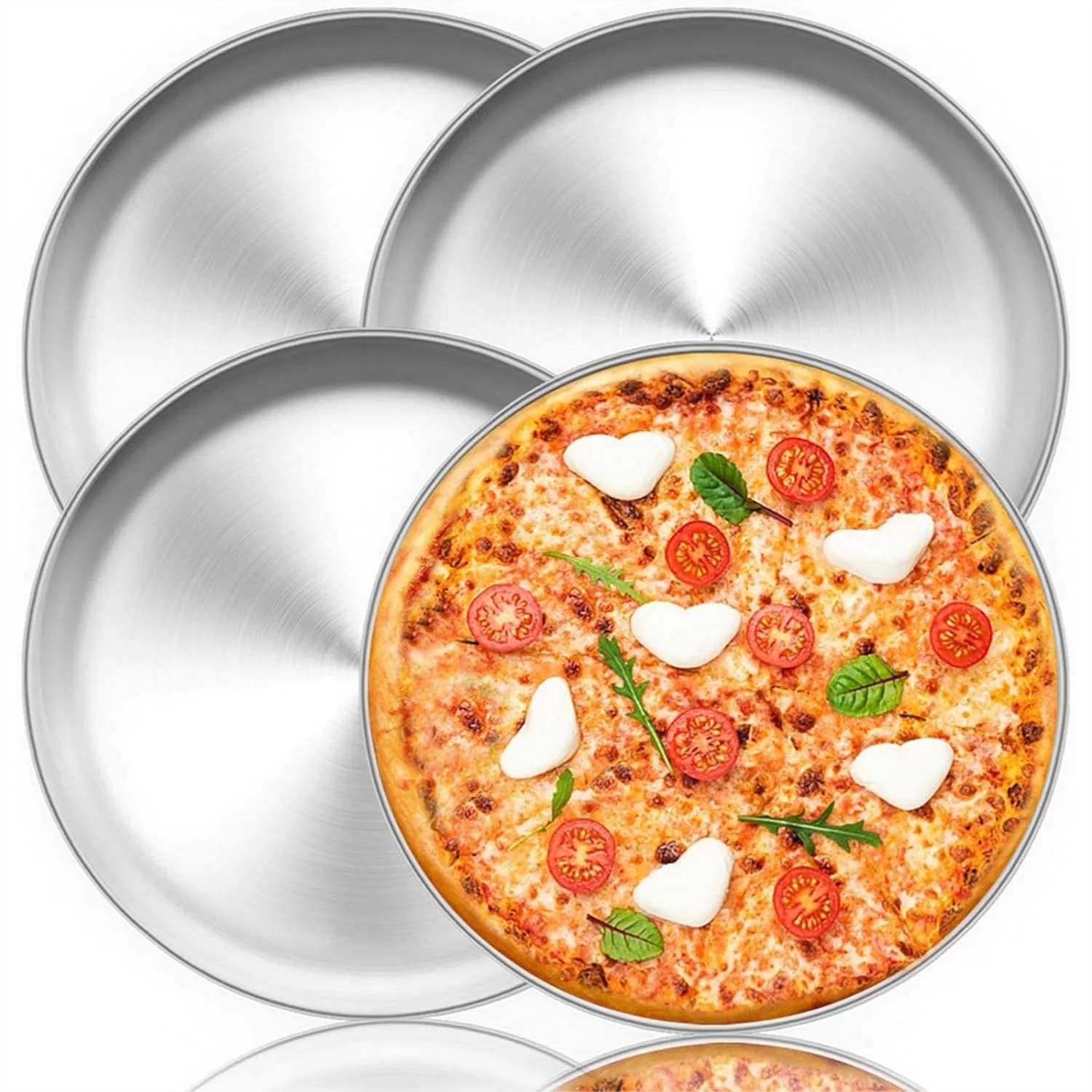 Set di Teglie per Pizza in Acciaio Inox, 12 Pollici, Rotonde, Resistenti per Casa, Ristorante, Feste, Lavabili in Lavastoviglie, Set da 4
