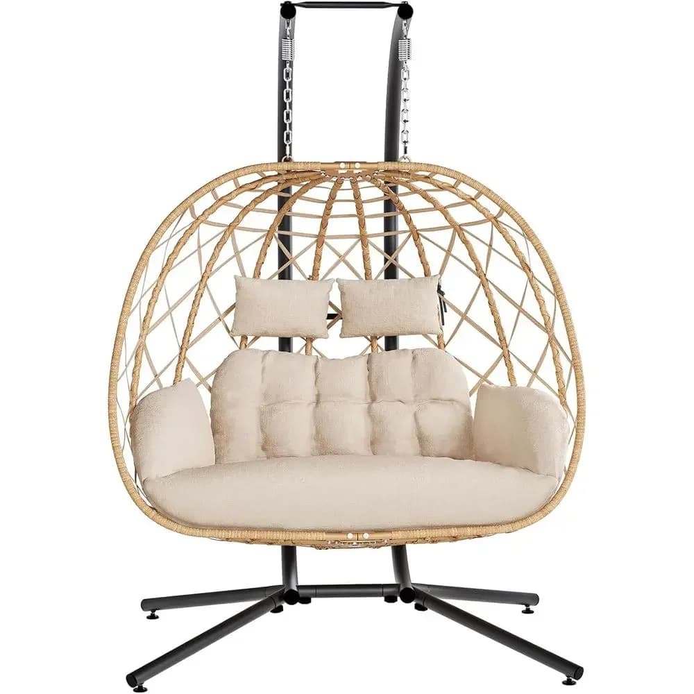 2 Person Swing Chair with Stand, Outdoor Indoor Hammock with Cushion, 650 lbs, Beige
